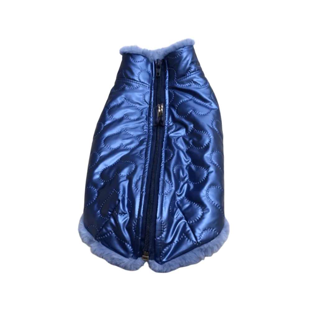 Blue metallic quilted dog vest aura with heart stitching light blue faux fur trim pikowana tkanina premium