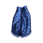 Blue metallic quilted dog vest aura with heart stitching light blue faux fur trim pikowana tkanina premium