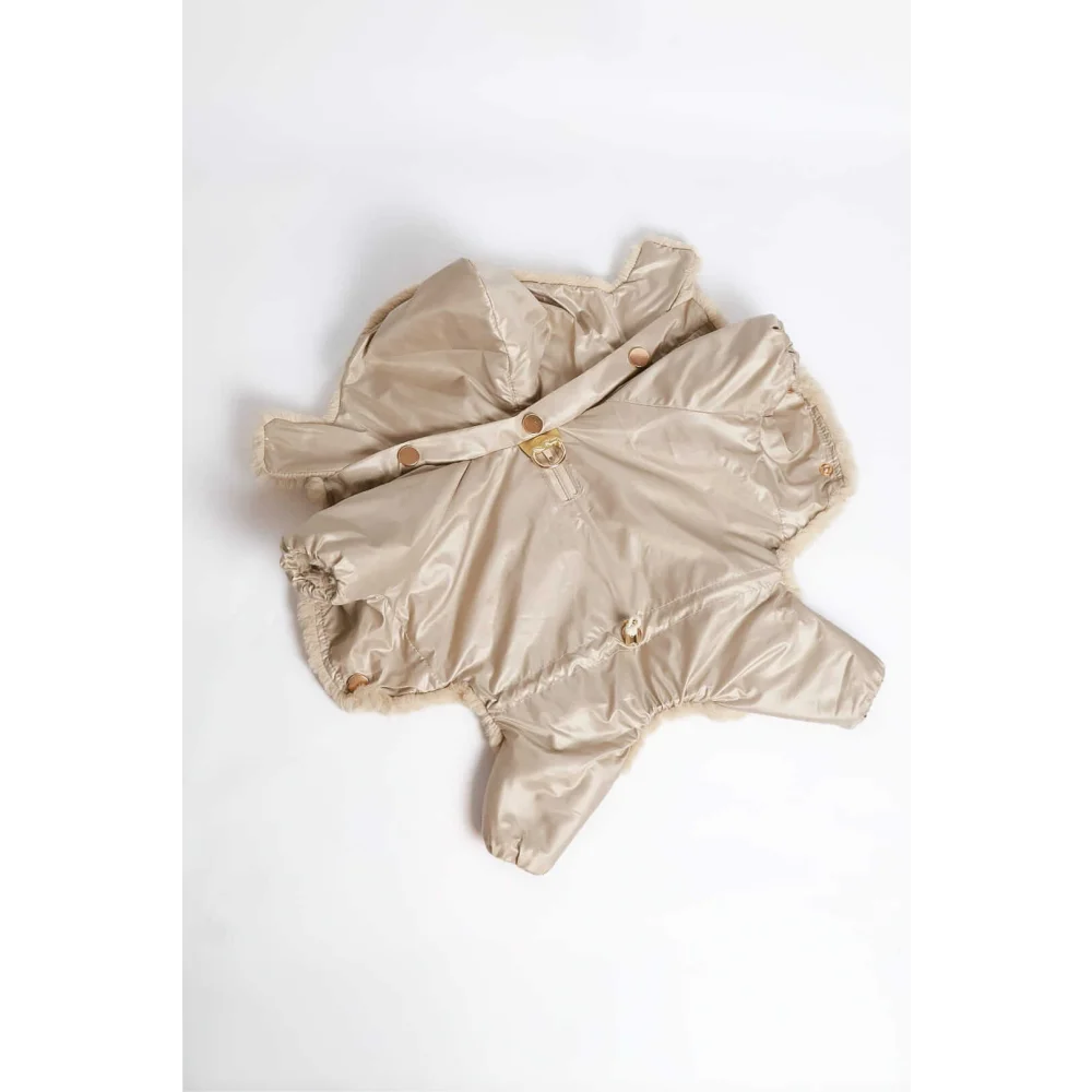 Beige kombinezon dla psa with detachable faux fur trim hood made of high-tech microfiber material