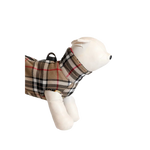 Brown black and red plaid wool and silk dog coat with high collar for accurate obwód klatki piersiowej and szyi adjustments