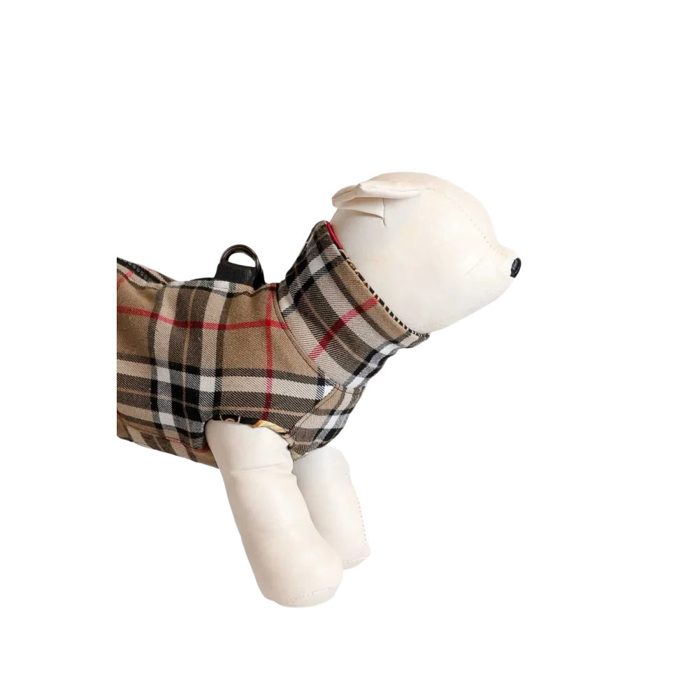 Brown black and red plaid wool and silk dog coat with high collar for accurate obwód klatki piersiowej and szyi adjustments