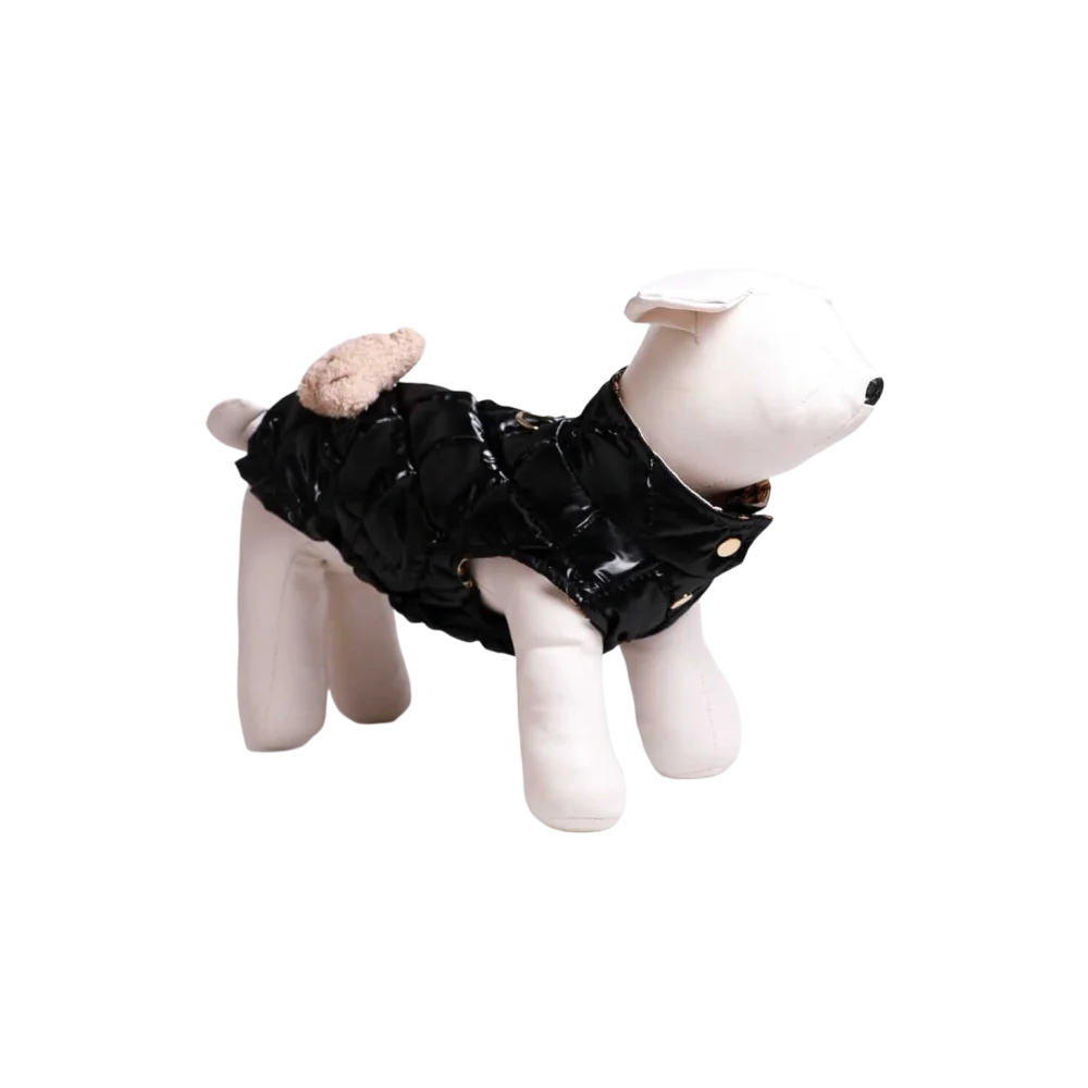 Black glossy puchowy bezrękawnik dla psa with gold-tone buttons and plush beige tail accent suitable for obwód szyi adjustments