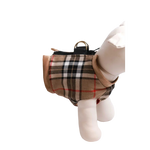 Beige and black plaid szelki wełniane with tan trim and gold-tone hardware for obwód klatki piersiowej measurement