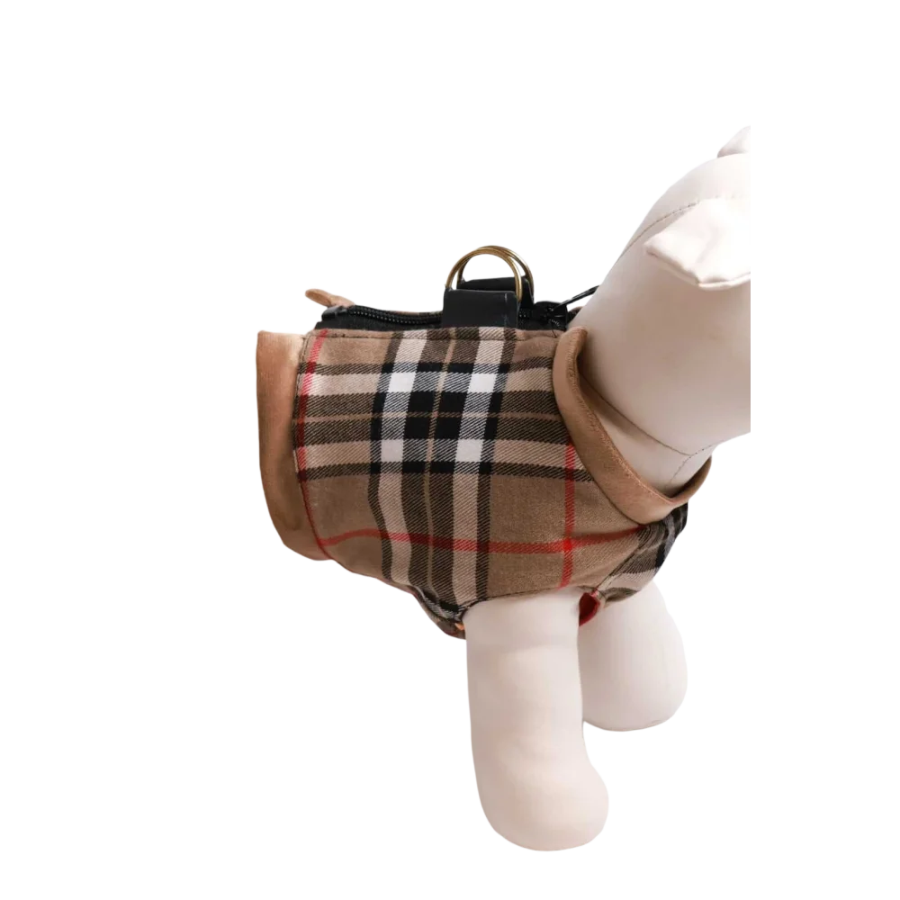 Beige and black plaid szelki wełniane with tan trim and gold-tone hardware for obwód klatki piersiowej measurement