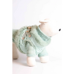 Mint green knitted dog coat with faux fur trim and tan leather straps from zestaw 2w1 etoile anastazja naturalnej wełny