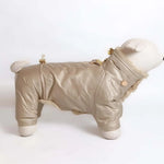 Beige shiny puffer kombinezon dla psa with detachable faux fur trim and gold-tone hardware from Bonita collection