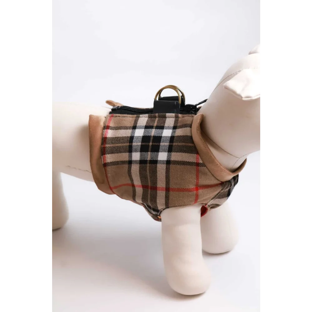 Beige and black plaid dog harness with tan trim and gold-tone hardware for measuring obwód klatki piersiowej