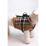 Beige and black plaid dog harness with tan trim and gold-tone hardware for measuring obwód klatki piersiowej