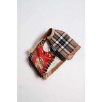 A stylish patchwork handbag with red silk and gold chains over beige suede and burberry check ideal for obwód klatki piersiowej measurement