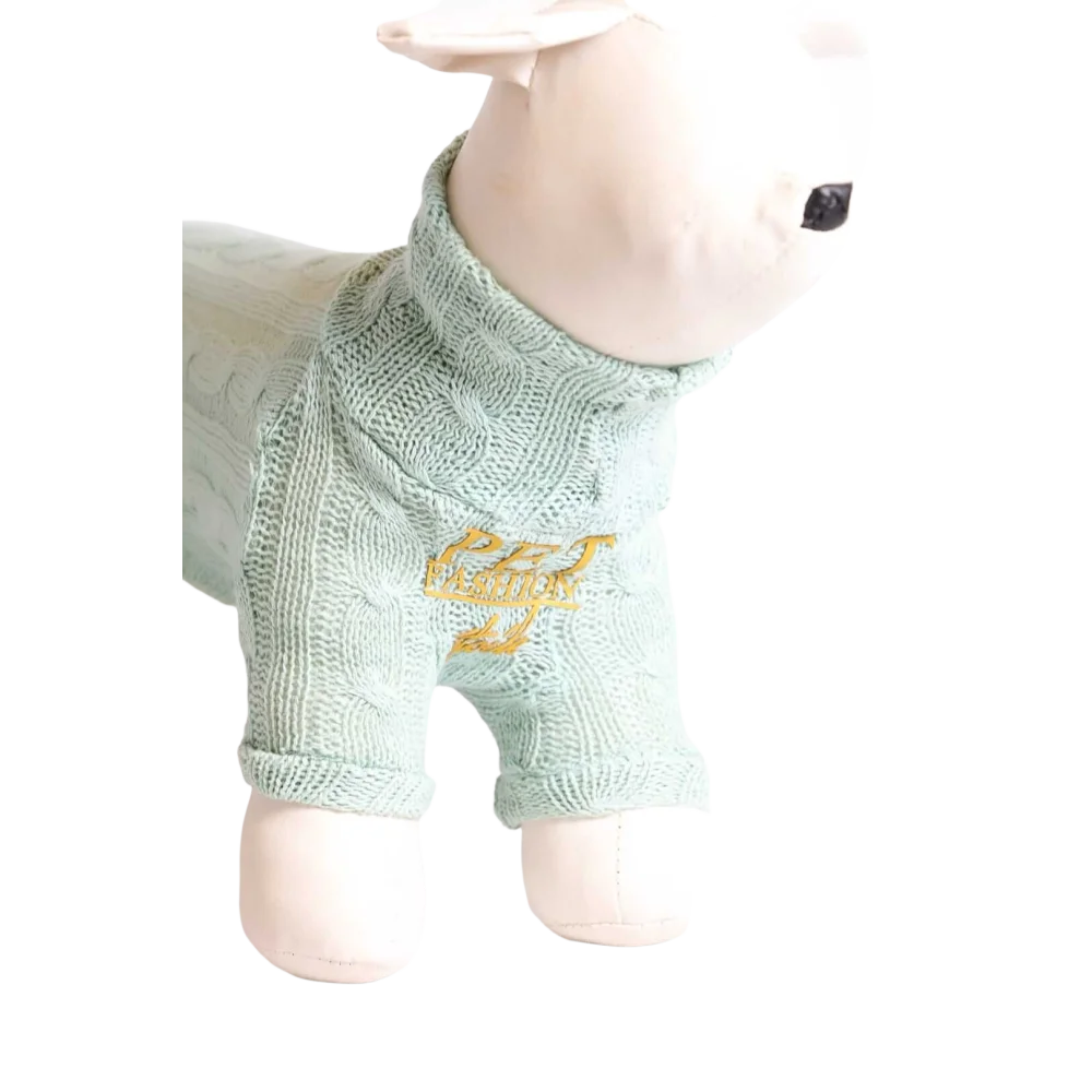 Mint green woolen cable-knit sweater with gold embroidery for dogs pet fashion etoile dla psa