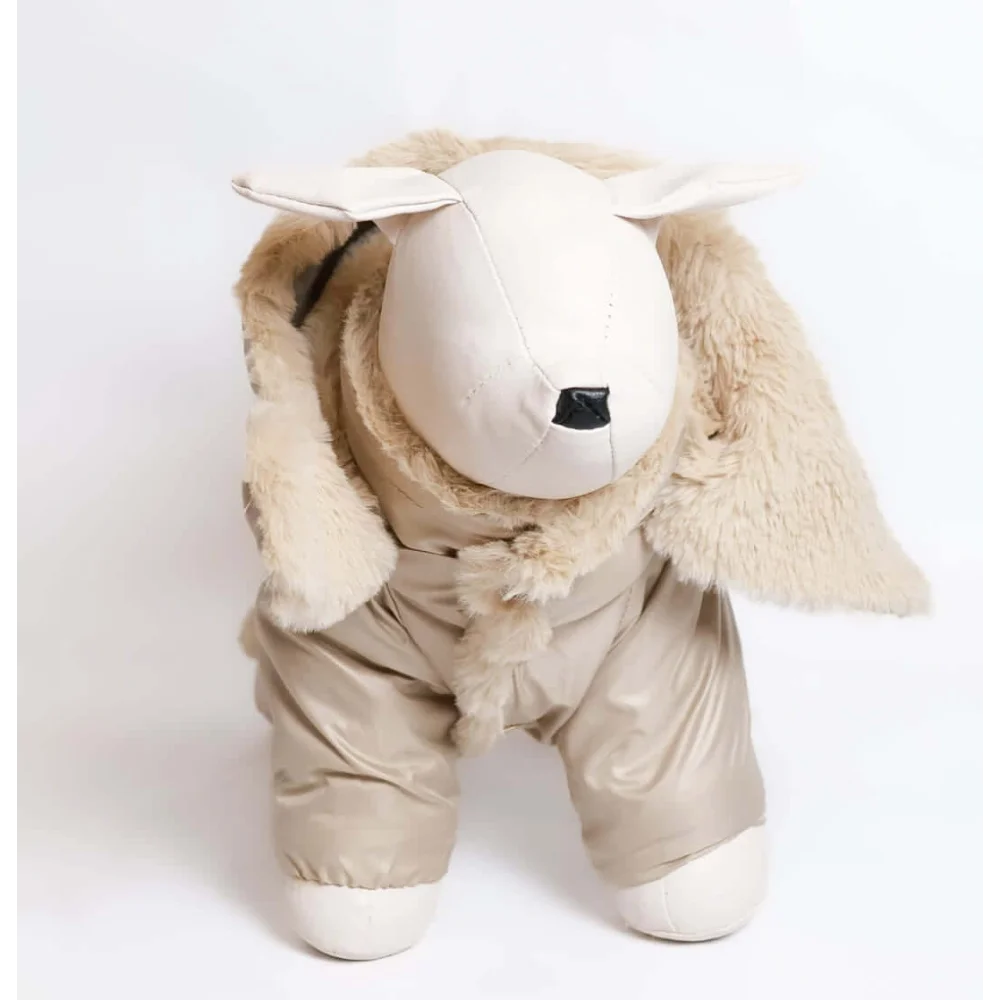 A plush beige lamb figurine wearing bonita kombinezon dla psa with detachable hood faux fur and shiny fabric pants