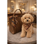 A tan poodle wearing a brown and gold chain-patterned jedwabne apaszki scarf from the riviera set dla psa