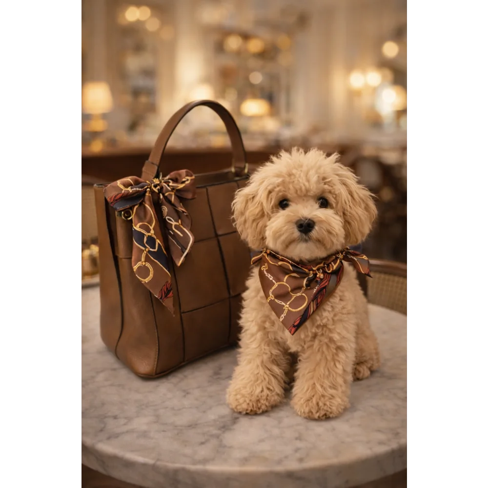 A tan poodle wearing a brown and gold chain-patterned jedwabne apaszki scarf from the riviera set dla psa