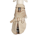 Beige oxford classic trencz dla psa with wool lining, black white red plaid accents and gold-toned buckle
