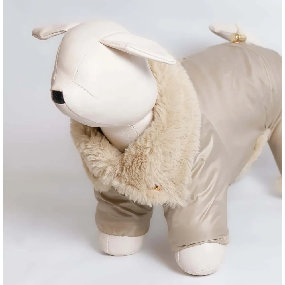 Beige kombinezon dla psa with detachable faux fur-lined hood made of high-tech microfiber with satin finish and gold hardware