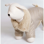 Beige kombinezon dla psa with detachable faux fur-lined hood made of high-tech microfiber with satin finish and gold hardware