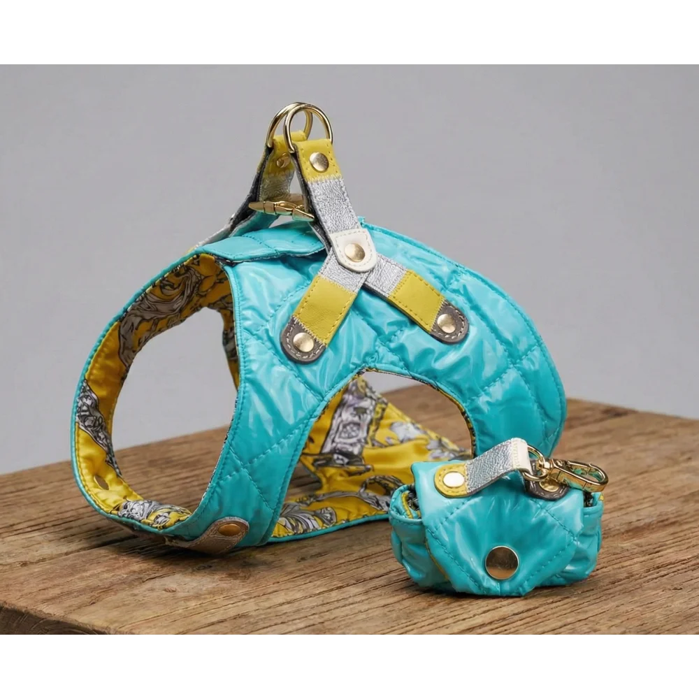 Turquoise quilted silky paw szelki dla psa with yellow gray lining and gold hardware for obwód szyi adjustment