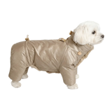 Beige shiny puffer kombinezon dla psa with gold-tone hardware and detachable faux fur collar for cold weather