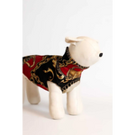 Reversible dog coat in red and black wool and silk with gold chain and lock pattern suitable for obwód klatki piersiowej and szyi