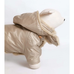 Beige puffer kombinezon dla psa with detachable high-tech microfiber hood and faux fur trim designed for cold weather