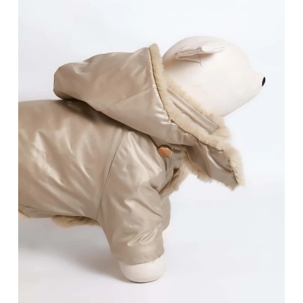 Beige puffer kombinezon dla psa with detachable high-tech microfiber hood and faux fur trim designed for cold weather