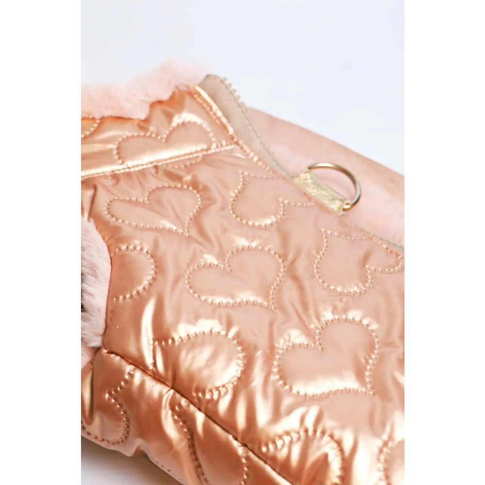 A shiny rose gold quilted kurtka dla psa with heart stitching and soft pink faux fur trim for stylish warmth