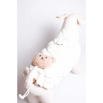 White quilted puchowy bezrękawnik dla psa with plush beige teddy bear charm for obwód szyi adjustment
