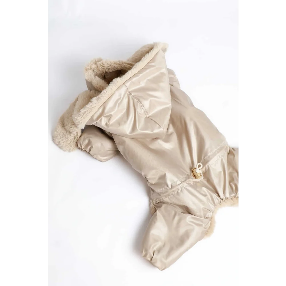Beige kombinezon dla psa with plush fur-lined hood and cuffs made of high-tech microfleece for winter protection