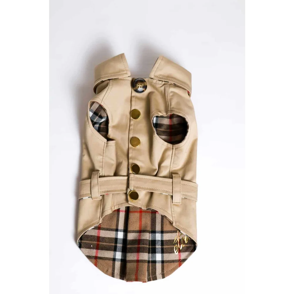 Beige oxford classic trencz dla psa with wool lining heart cutouts plaid interior and gold-tone buttons