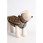 Brown black and white plaid wool and silk reversible dog coat with collar style neckline for obwód szyi and klatki piersiowej measurements