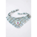 Light blue plaid fringed dog bandana true love coco with white heart patch embroidered hug me in red and gold outline