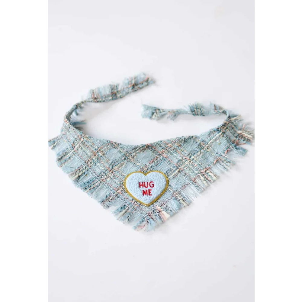 Light blue plaid fringed dog bandana true love coco with white heart patch embroidered hug me in red and gold outline