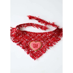 Red fringed dog bandana chusta true love coco in red tweed with a pink true love heart patch made of plush material
