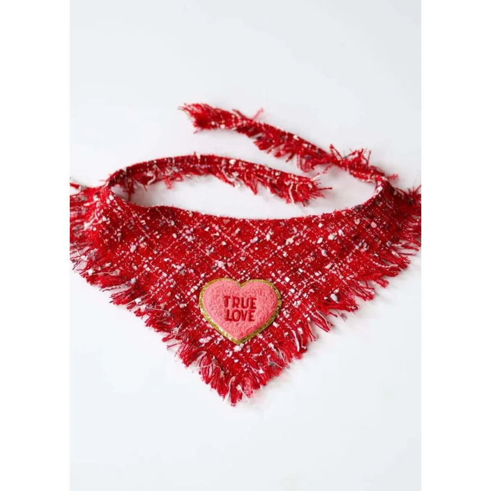 Red fringed dog bandana chusta true love coco in red tweed with a pink true love heart patch made of plush material