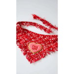 A red tweed chusta true love dog bandana with fringes and a pink heart patch embroidered true love coco