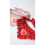 Red frayed tweed dog bandana chusta true love coco with pink plush heart patch true love in gold lettering