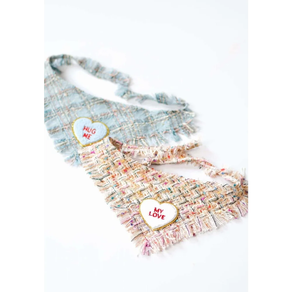 Two fringed tweed textured dog bandanas true love coco in pastel blue and beige with embroidered love heart patches
