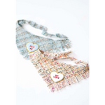 Two fringed tweed textured dog bandanas true love coco in pastel blue and beige with embroidered love heart patches