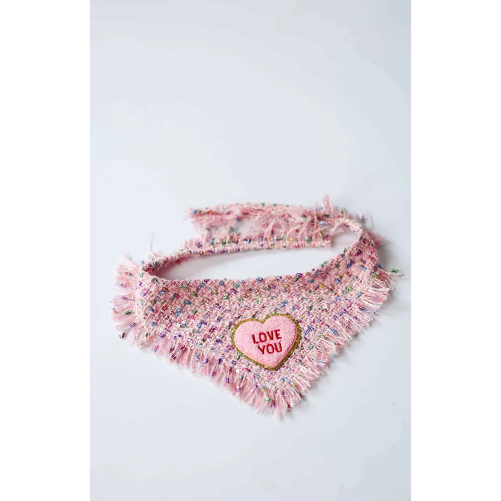 Pink tweed dog bandana chusta true love coco with frayed edges and plush heart love you patch in soft pink