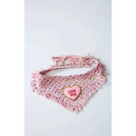 Pink tweed dog bandana chusta true love coco with frayed edges and plush heart love you patch in soft pink