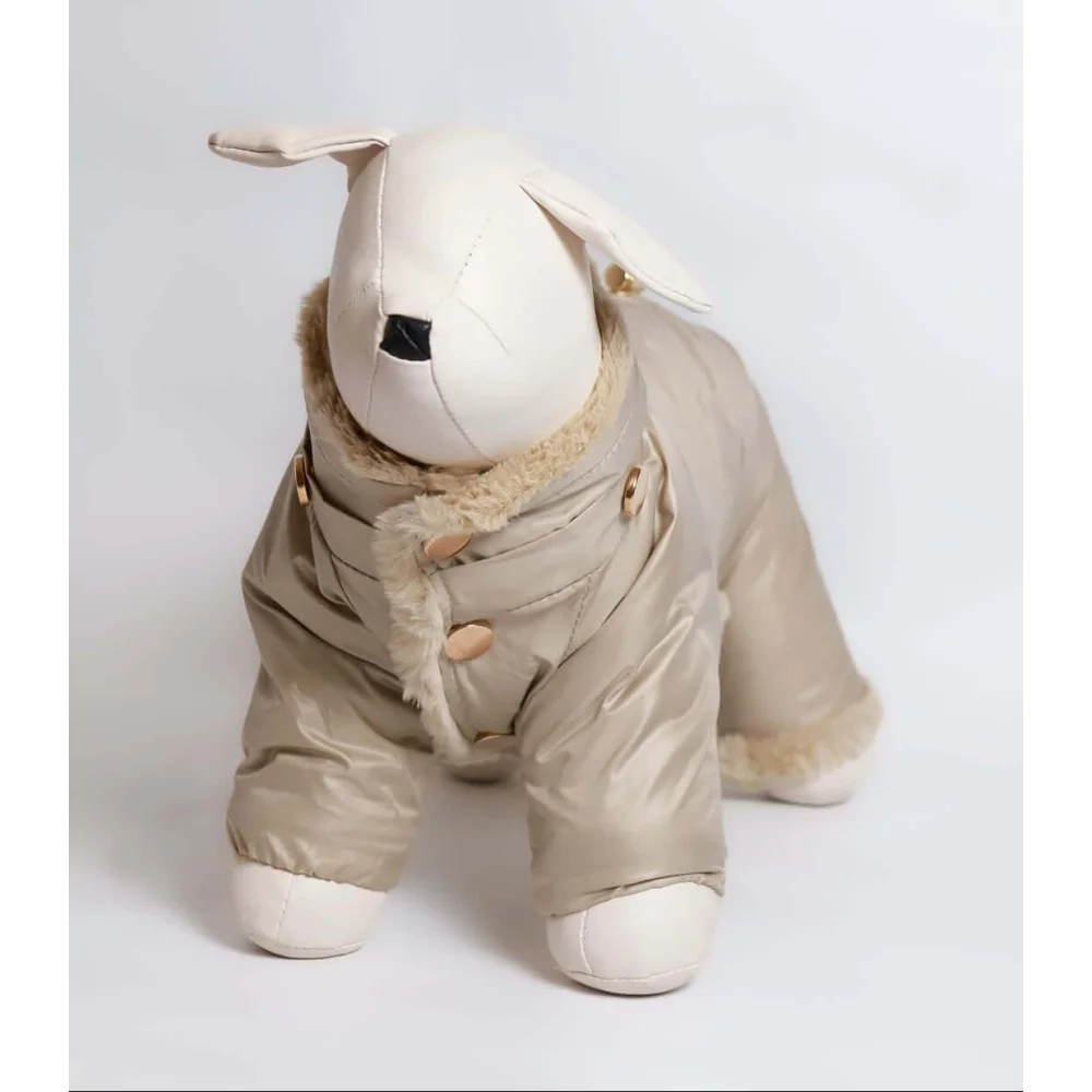 Beige quilted kombinezon dla psa with detachable high-tech microfiber hood faux fur trim and gold-tone buttons