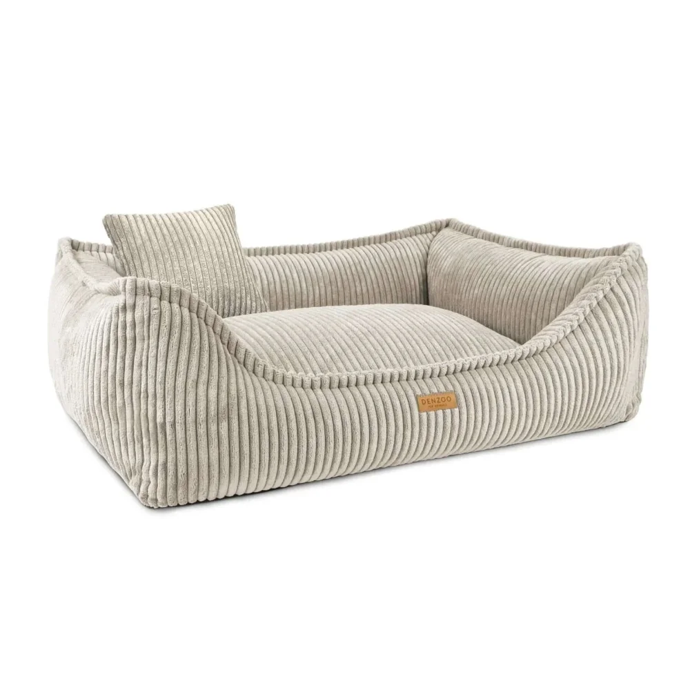 Beżowe legowisko milano beige z sztruksu z pasującą poduszką i małą skórzaną metką marki