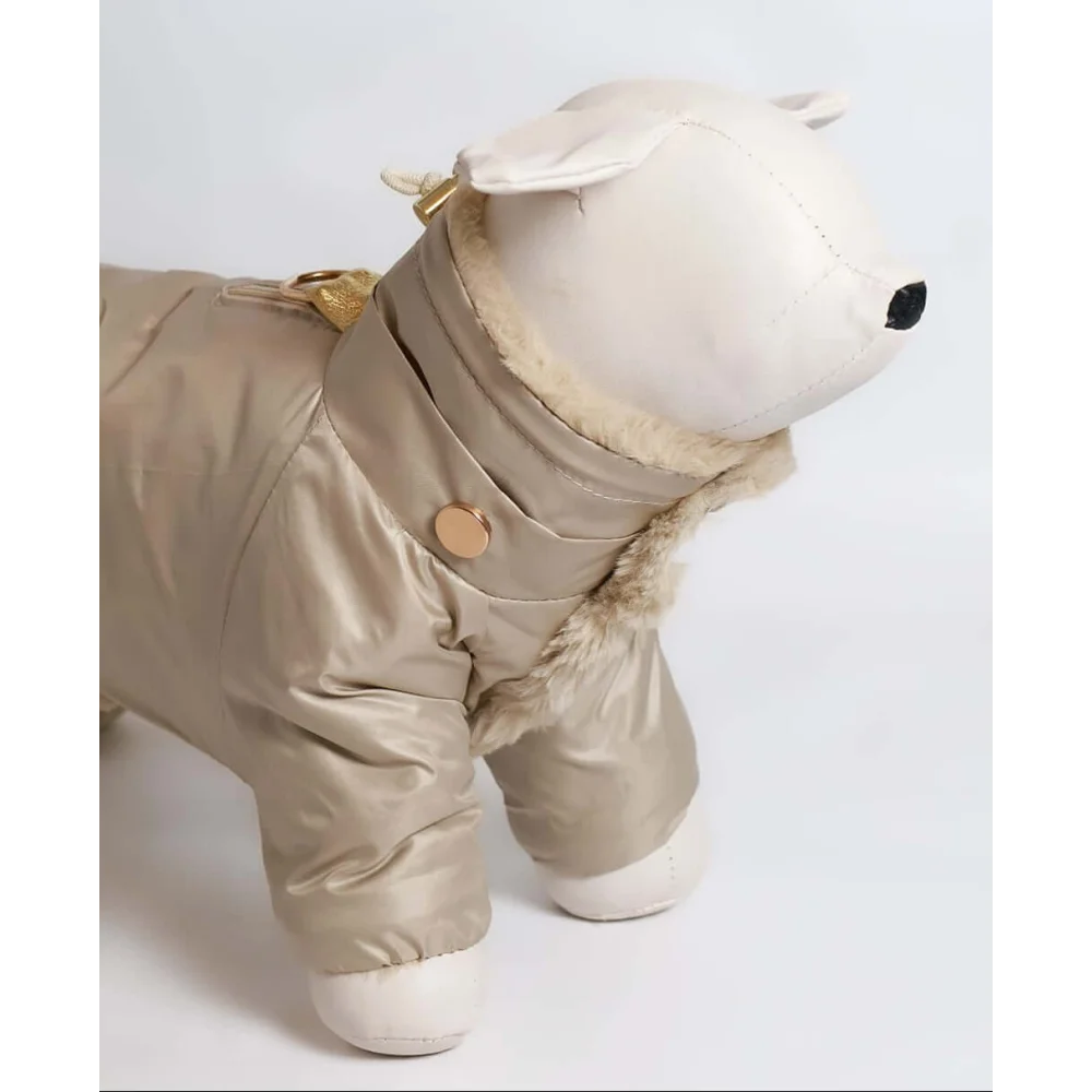 Beige kombinezon dla psa with detachable high-tech microfiber hood and faux fur trim with gold-tone hardware