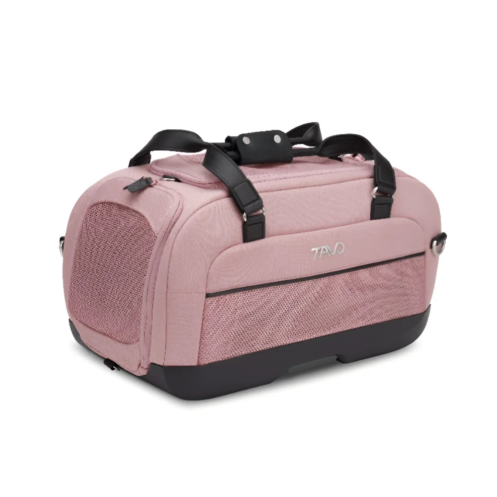 Różowy teksturowany transporter lotniczy dupree ii sakura z czarnymi paskami i logo travo do 9 kg