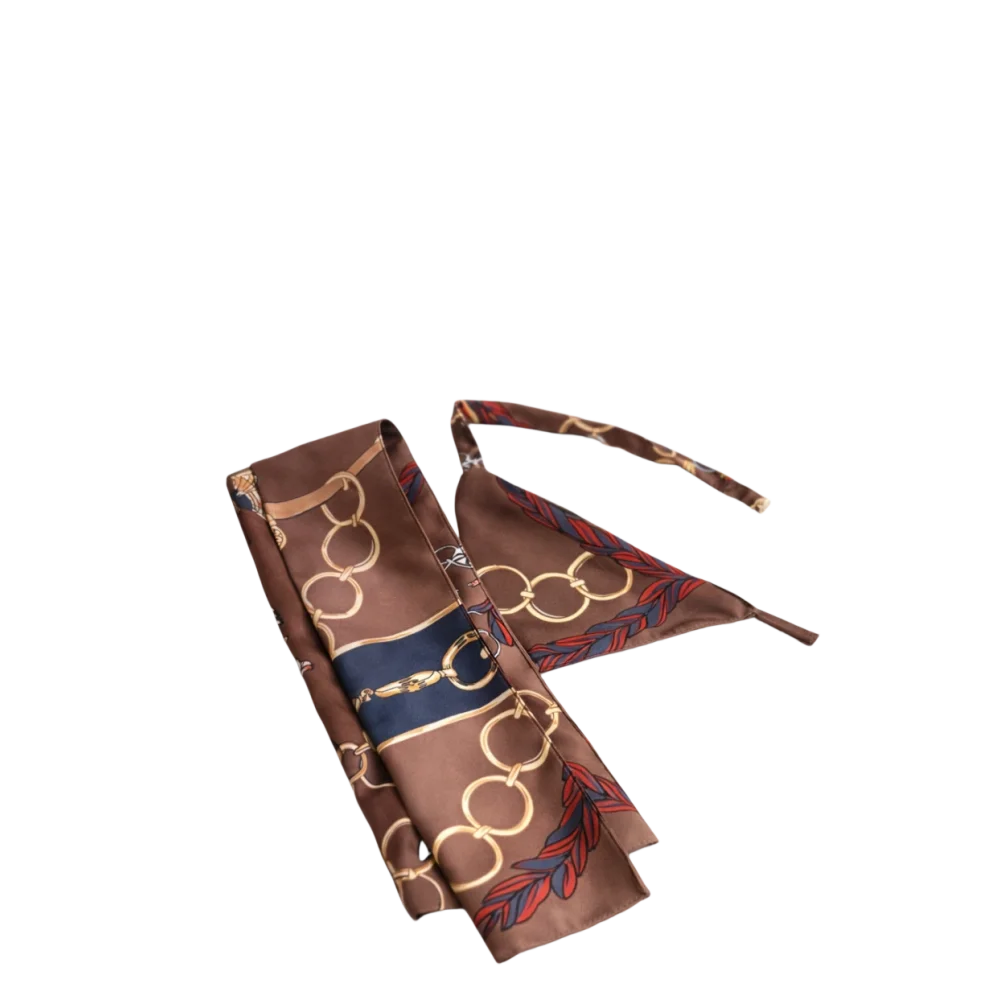 Brown silk scarf with gold and navy blue chain-link pattern from riviera set jedwabne apaszki dla psa and human