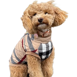 A tan and black checkered kurtka przeciwdeszczowa pikowana dog coat with red stripes and beige collar showing obwód szyi and obwód klatki measurements