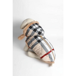 Beige and black checkered kurtka przeciwdeszczowa pikowana dog coat with tan fur trim and detachable hood