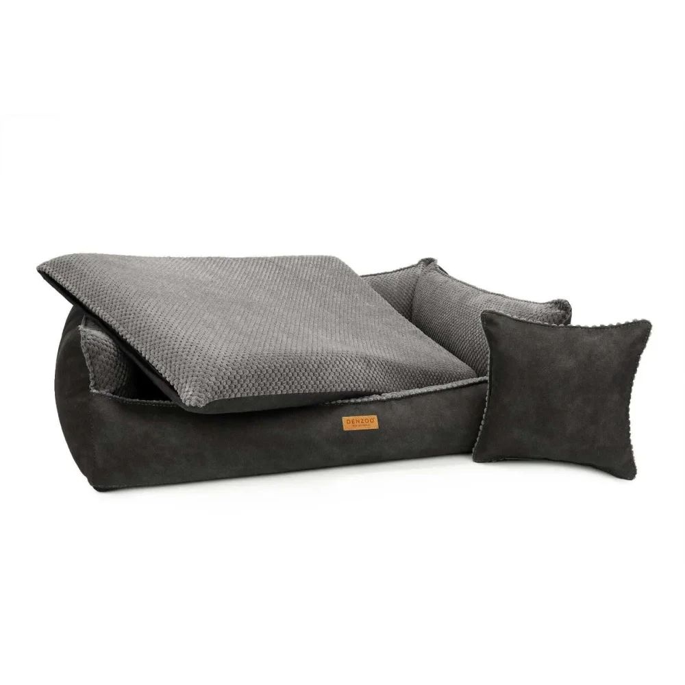 Dark gray plush legowisko ancona grey with honeycomb-patterned blanket and matching cushion for pets