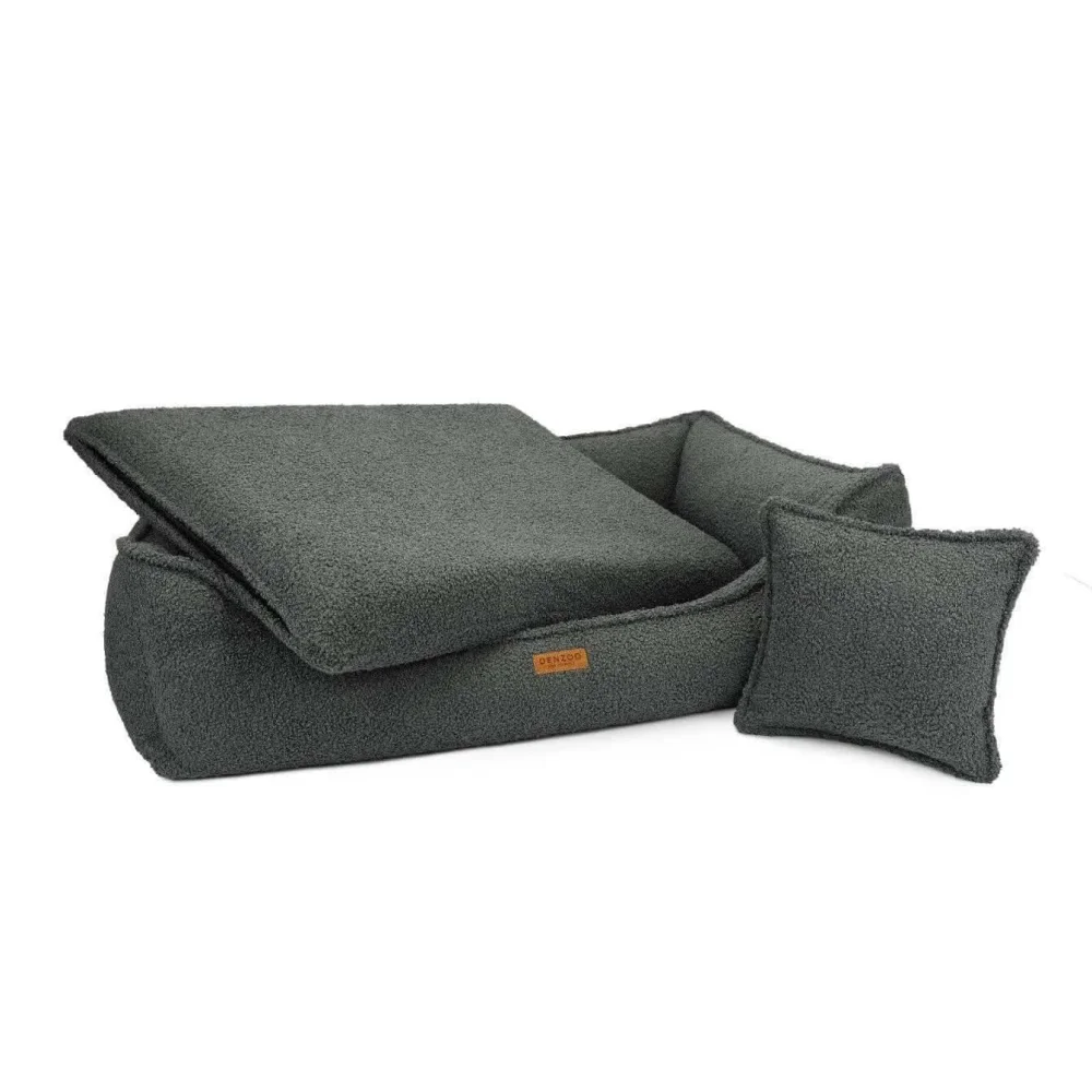Dark gray legowisko belluno boucle pet bed with matching pillow made of soft boucle fabric for cozy rest