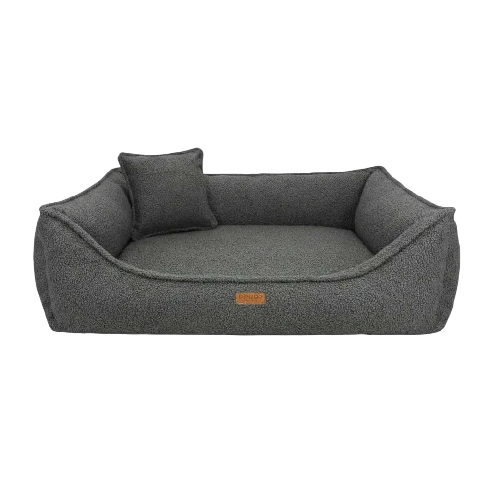 Legowisko belluno boucle dark to szare legowisko dla psa z miękką tkaniną boucle dark grey i brązową skórzaną metką